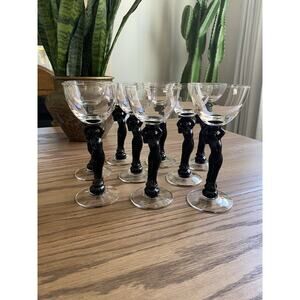 Vintage Cambridge Glass Co #3011 Black Statuesque Nude Stem Cocktail Glasses (9)